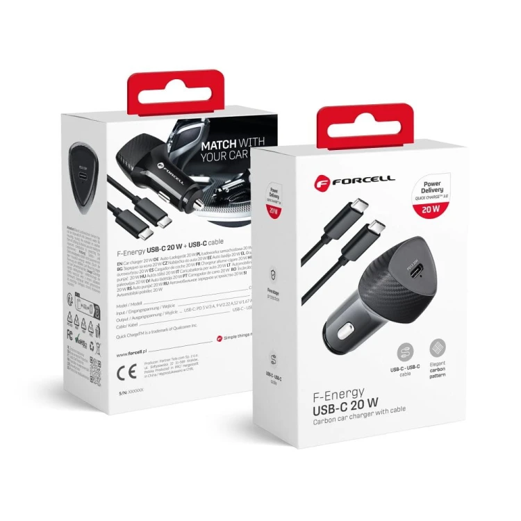 Zestaw Forcell F-Energy Carbon: Szybka ładowarka samochodowa 20W USB-C PD + Kabel USB-C 60W – Czarny