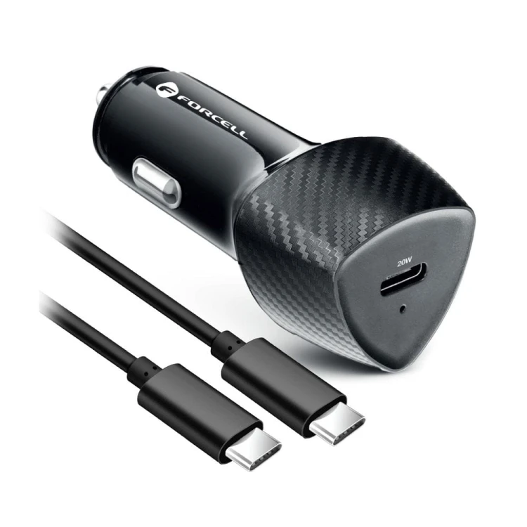 Zestaw Forcell F-Energy Carbon: Szybka ładowarka samochodowa 20W USB-C PD + Kabel USB-C 60W – Czarny