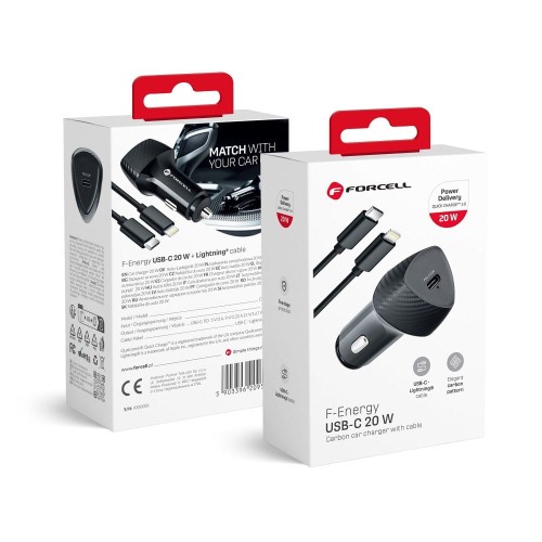 Zestaw Forcell F-Energy Carbon: Szybka ładowarka samochodowa 20W USB-C PD + Kabel Lightning – Czarny