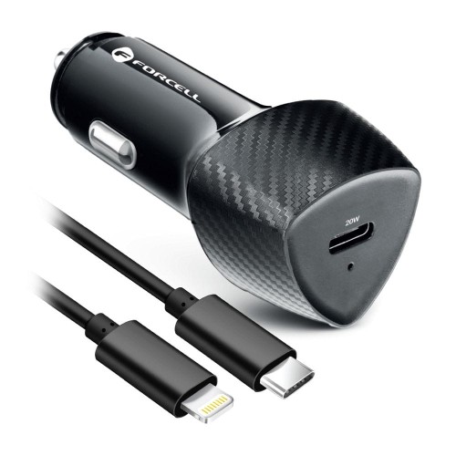 Zestaw Forcell F-Energy Carbon: Szybka ładowarka samochodowa 20W USB-C PD + Kabel Lightning – Czarny