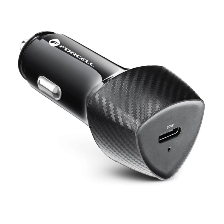 Zestaw Forcell F-Energy Carbon: Szybka ładowarka samochodowa 20W USB-C PD + Kabel Lightning – Czarny