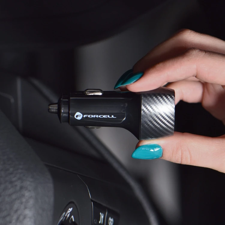 Zestaw Forcell F-Energy Carbon: Szybka ładowarka samochodowa 20W USB-C PD + Kabel Lightning – Czarny