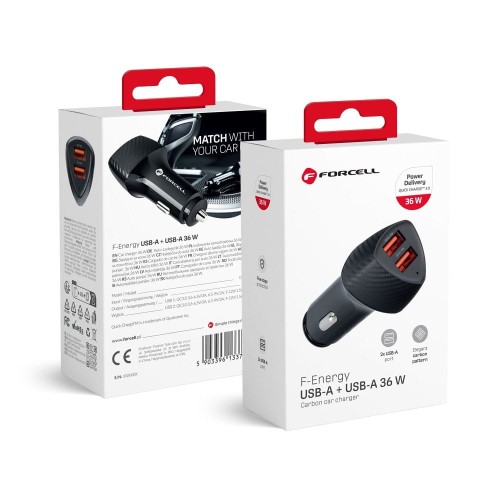 Szybka ładowarka samochodowa Forcell F-Energy Carbon 36W – 2 x USB Quick Charge 3.0 – Czarna