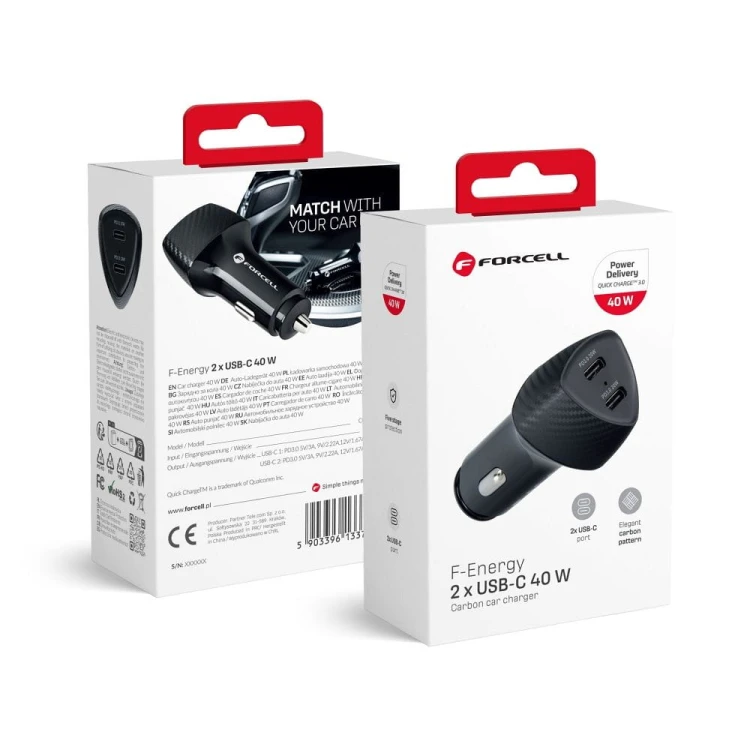 Szybka ładowarka samochodowa Forcell F-Energy Carbon 40W – 2 x USB-C Power Delivery – Czarna