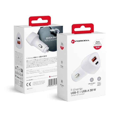 Szybka ładowarka samochodowa Forcell F-Energy Carbon 38W – USB-C PD + USB QC 3.0 – Biała