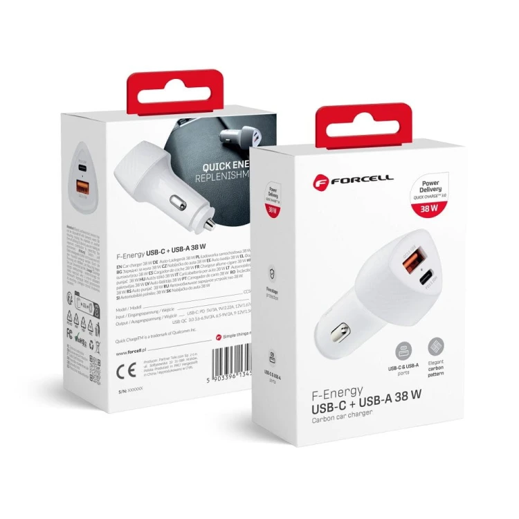 Szybka ładowarka samochodowa Forcell F-Energy Carbon 38W – USB-C PD + USB QC 3.0 – Biała