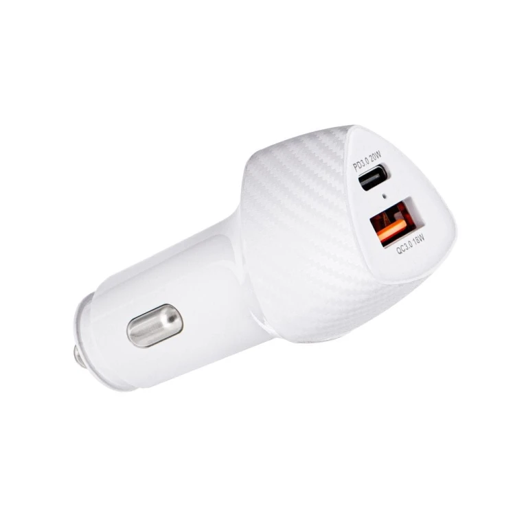 Szybka ładowarka samochodowa Forcell F-Energy Carbon 38W – USB-C PD + USB QC 3.0 – Biała
