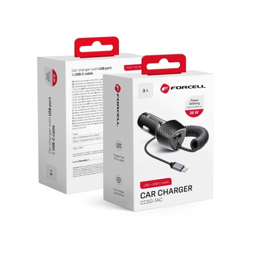 Ładowarka samochodowa Forcell F-Energy Carbon 38W – Port USB QC 3.0 + Kabel USB-C PD – Czarna