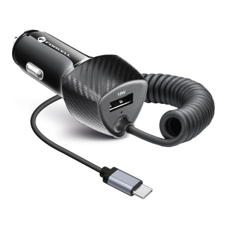Ładowarka samochodowa Forcell F-Energy Carbon 38W – Port USB QC 3.0 + Kabel USB-C PD – Czarna
