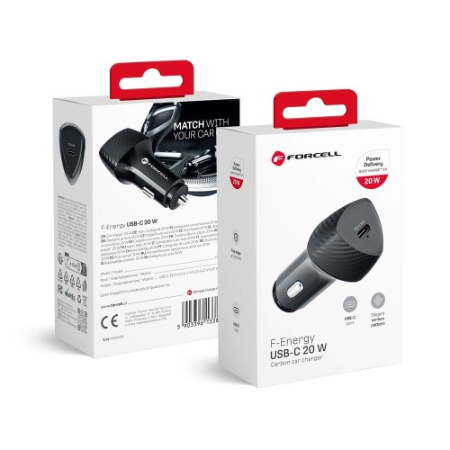 Szybka ładowarka samochodowa Forcell F-Energy Carbon USB-C PD 3.0 20W – Czarna