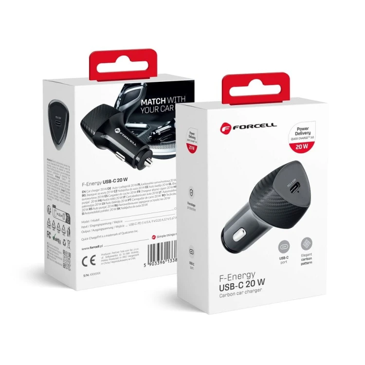 Szybka ładowarka samochodowa Forcell F-Energy Carbon USB-C PD 3.0 20W – Czarna