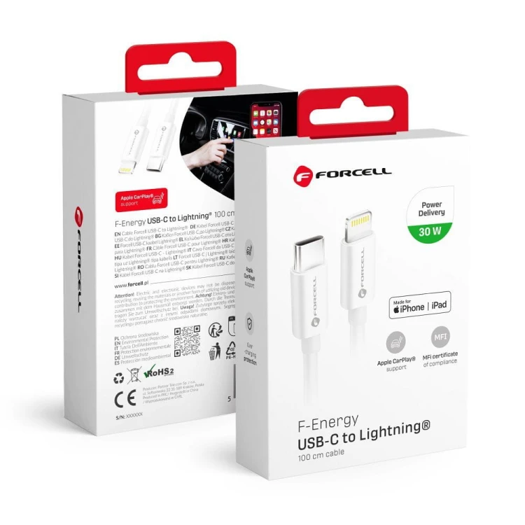 Certyfikowany kabel Forcell F-Energy MFi USB-C do Lightning 30W PD – 1 m – Biały