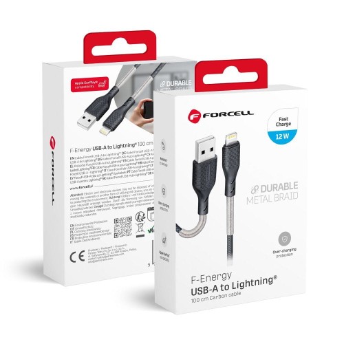 Wytrzymały kabel USB-A do Lightning Forcell F-Energy Carbon 12W – 1 m – Czarny