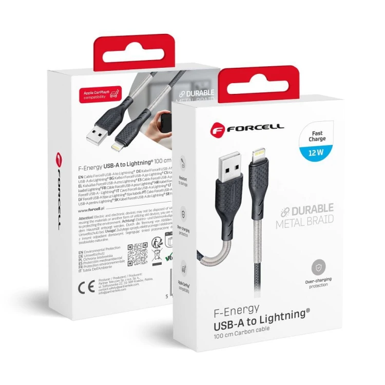 Wytrzymały kabel USB-A do Lightning Forcell F-Energy Carbon 12W – 1 m – Czarny