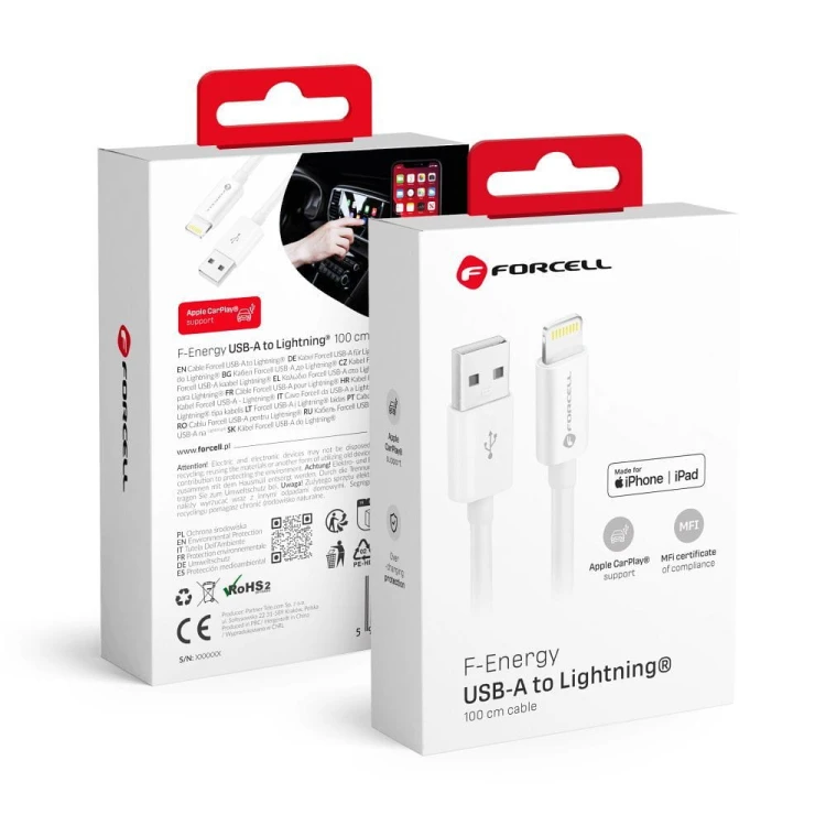 Certyfikowany kabel Forcell F-Energy MFi USB-A do Lightning 12W – 1 m – Biały