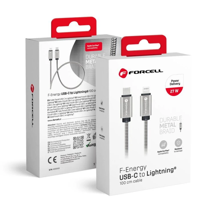 Pancerny kabel USB-C do Lightning Forcell F-Energy Metal 27W PD – 1 m – Srebrny