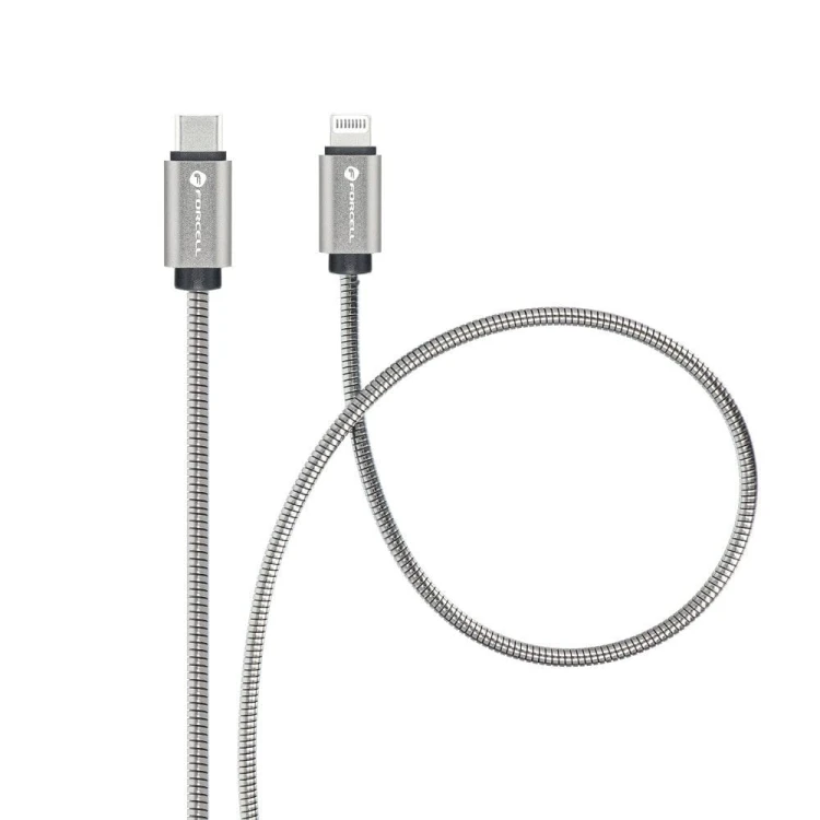 Pancerny kabel USB-C do Lightning Forcell F-Energy Metal 27W PD – 1 m – Srebrny