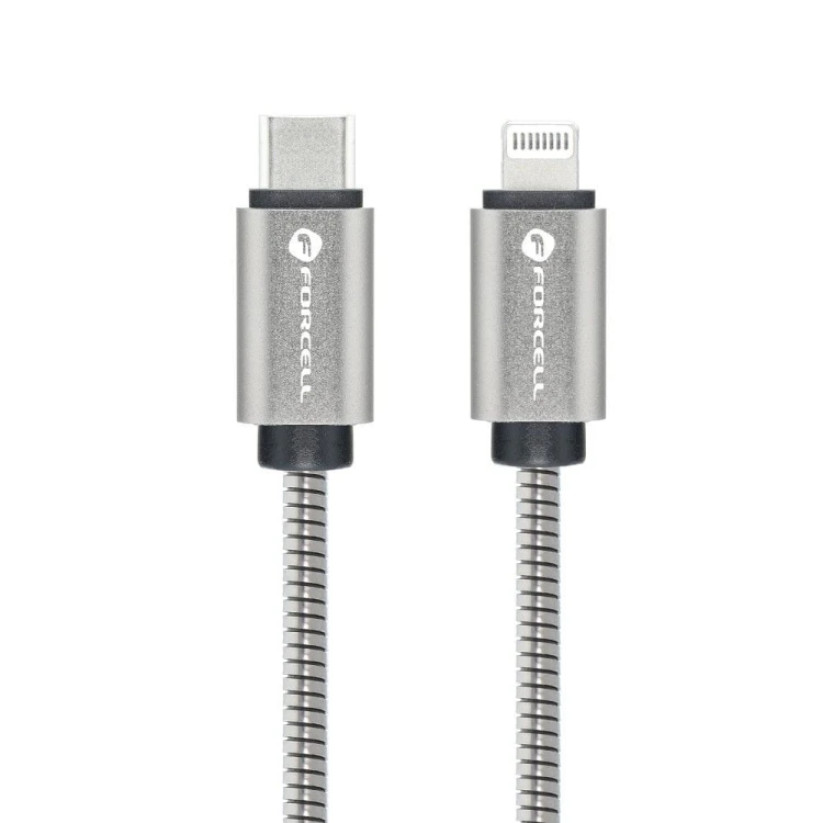 Pancerny kabel USB-C do Lightning Forcell F-Energy Metal 27W PD – 1 m – Srebrny