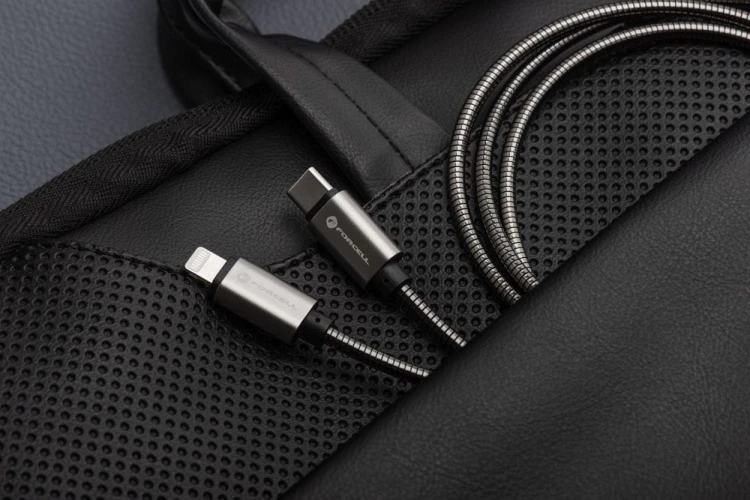 Pancerny kabel USB-C do Lightning Forcell F-Energy Metal 27W PD – 1 m – Srebrny