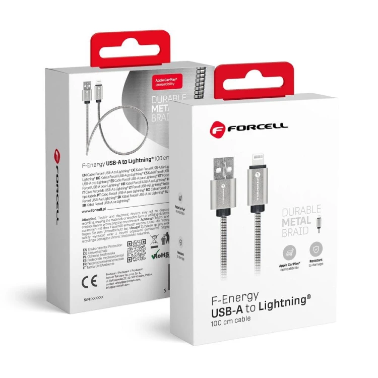 Pancerny kabel USB-A do Lightning Forcell F-Energy Metal 12W – 1 m – Srebrny