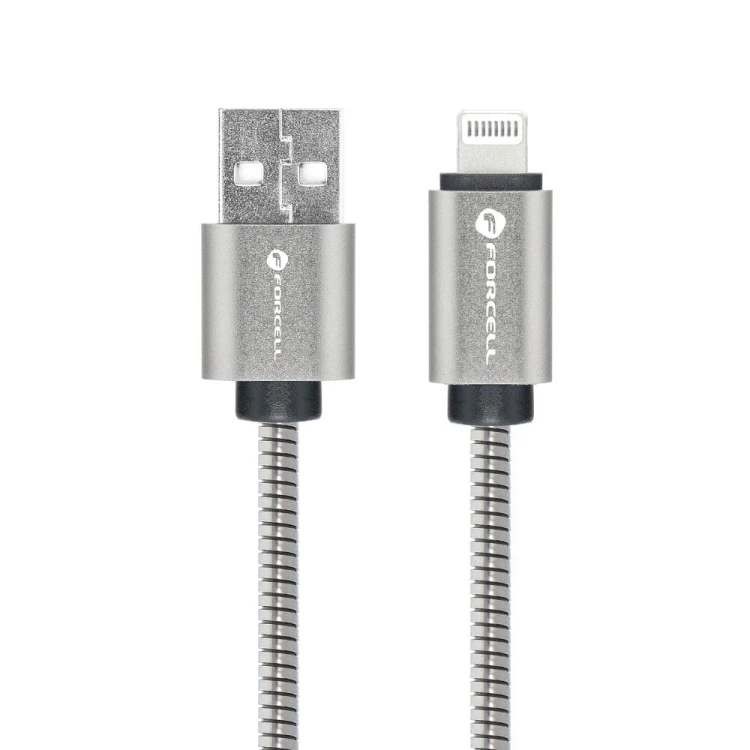 Pancerny kabel USB-A do Lightning Forcell F-Energy Metal 12W – 1 m – Srebrny