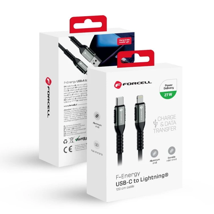 Wzmocniony kabel USB-C do Lightning Forcell F-Energy Cafule 27W PD – 1,2 m – Czarny