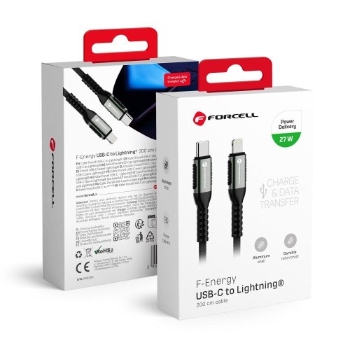 Długi kabel USB-C do Lightning Forcell F-Energy Cafule 27W PD – 2 m – Czarny
