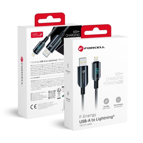 Inteligentny kabel USB-A do Lightning Forcell F-Energy Digital 12W z wyświetlaczem LCD – 1,2 m – Czarny