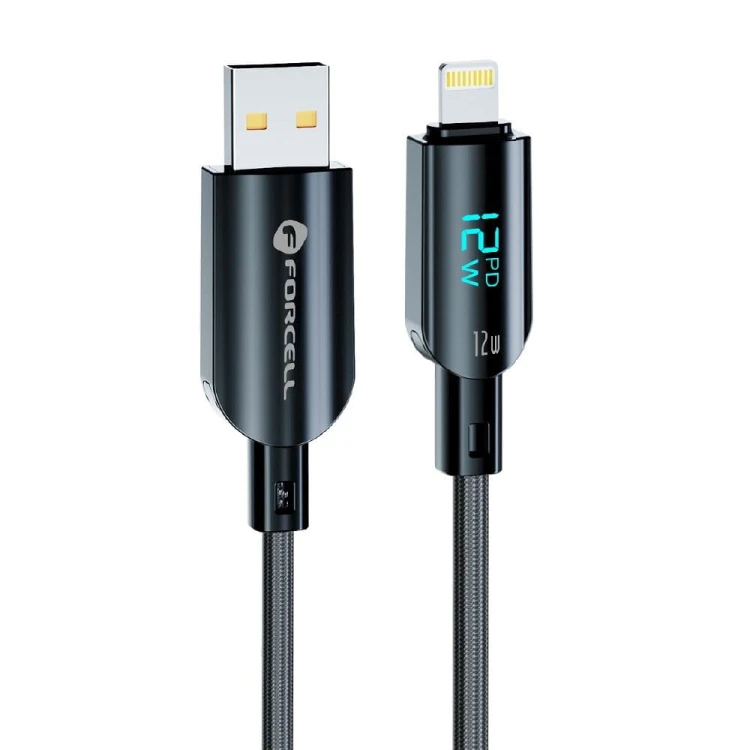 Inteligentny kabel USB-A do Lightning Forcell F-Energy Digital 12W z wyświetlaczem LCD – 1,2 m – Czarny