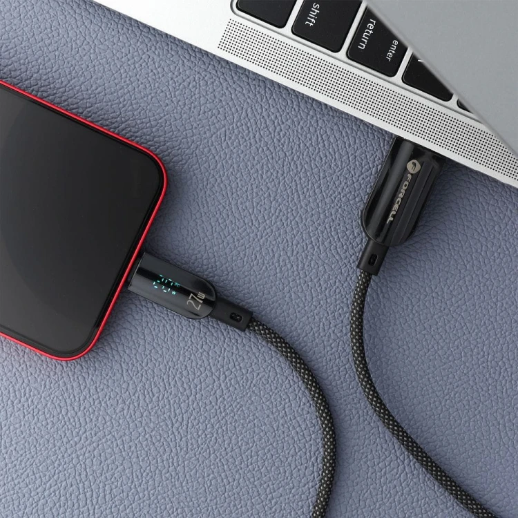 Inteligentny kabel USB-A do Lightning Forcell F-Energy Digital 12W z wyświetlaczem LCD – 1,2 m – Czarny