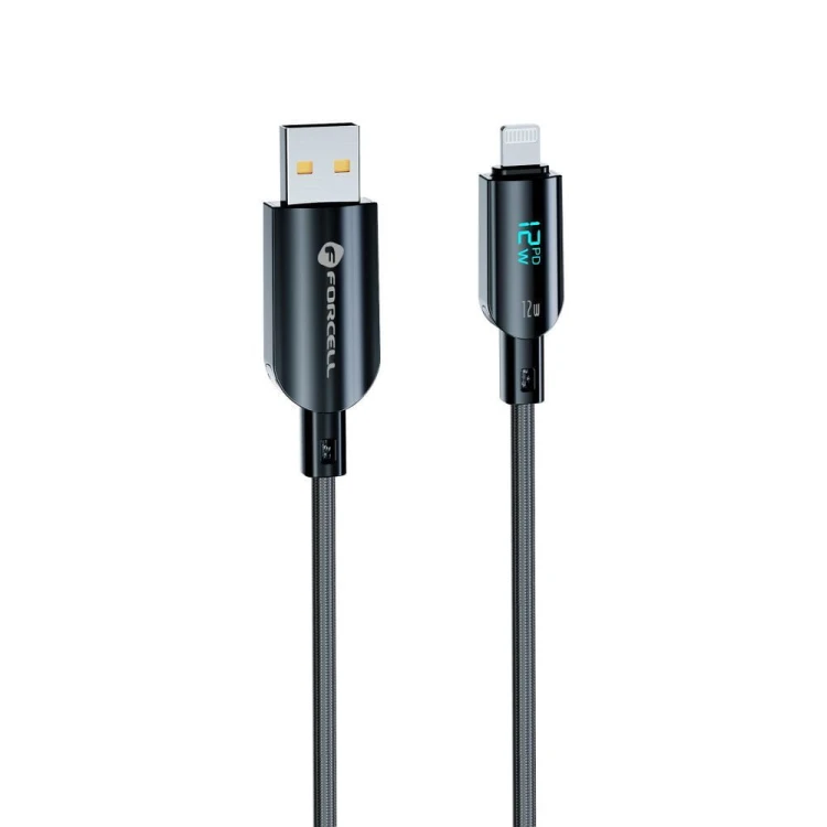 Inteligentny kabel USB-A do Lightning Forcell F-Energy Digital 12W z wyświetlaczem LCD – 1,2 m – Czarny