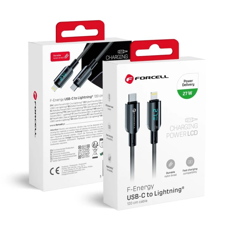Inteligentny kabel USB-C do Lightning Forcell F-Energy Digital 27W PD z wyświetlaczem LCD – 1,2 m – Czarny