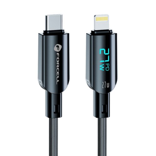 Inteligentny kabel USB-C do Lightning Forcell F-Energy Digital 27W PD z wyświetlaczem LCD – 1,2 m – Czarny