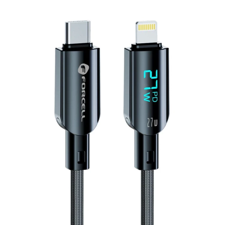 Inteligentny kabel USB-C do Lightning Forcell F-Energy Digital 27W PD z wyświetlaczem LCD – 1,2 m – Czarny