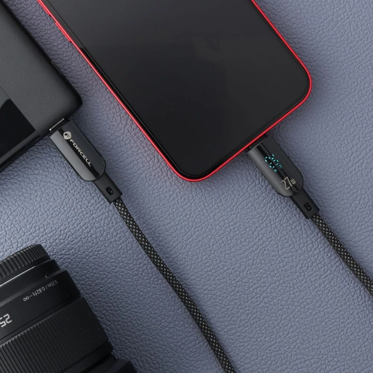 Inteligentny kabel USB-C do Lightning Forcell F-Energy Digital 27W PD z wyświetlaczem LCD – 1,2 m – Czarny