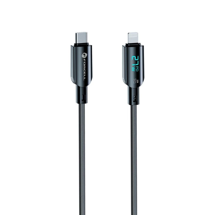 Inteligentny kabel USB-C do Lightning Forcell F-Energy Digital 27W PD z wyświetlaczem LCD – 1,2 m – Czarny
