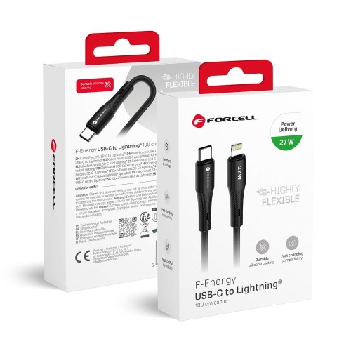 Aksamitnie elastyczny kabel USB-C do Lightning Forcell F-Energy Silicone 27W PD – 1 m – Czarny