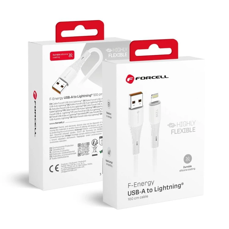 Elastyczny kabel USB-A do Lightning Forcell F-Energy Silicone 12W – 1 m – Biały