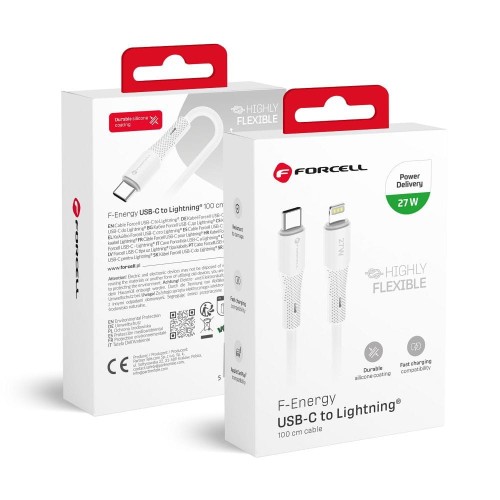 Aksamitnie elastyczny kabel USB-C do Lightning Forcell F-Energy Silicone 27W PD – 1 m – Biały