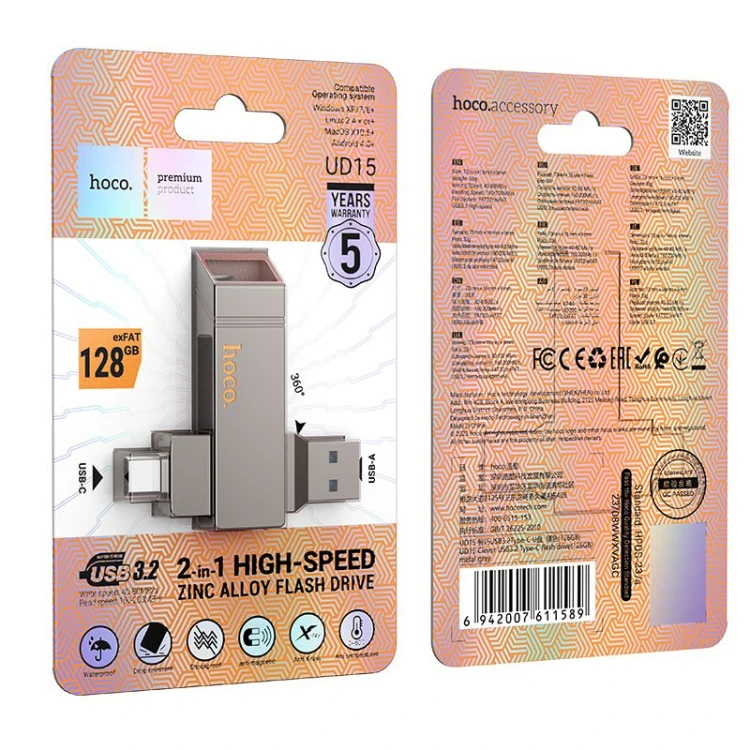 Pendrive 128GB USB 3.2 + USB-C Hoco UD15 Dual Drive 200MB/s Szary