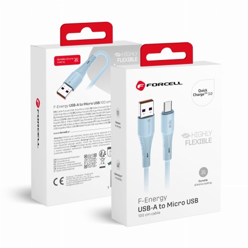 Aksamitnie elastyczny kabel USB-A do Micro USB Forcell F-Energy Silicone 18W QC 3.0 – 1 m – Niebieski