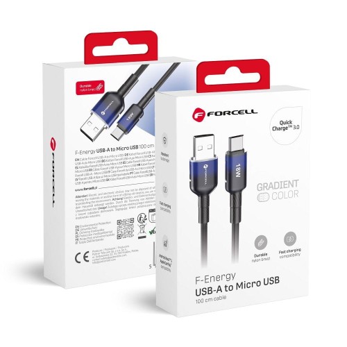 Stylowy kabel USB-A do Micro USB Forcell F-Energy Gradient 18W QC 3.0 – 1 m – Czarny