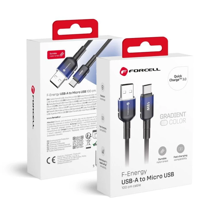 Stylowy kabel USB-A do Micro USB Forcell F-Energy Gradient 18W QC 3.0 – 1 m – Czarny