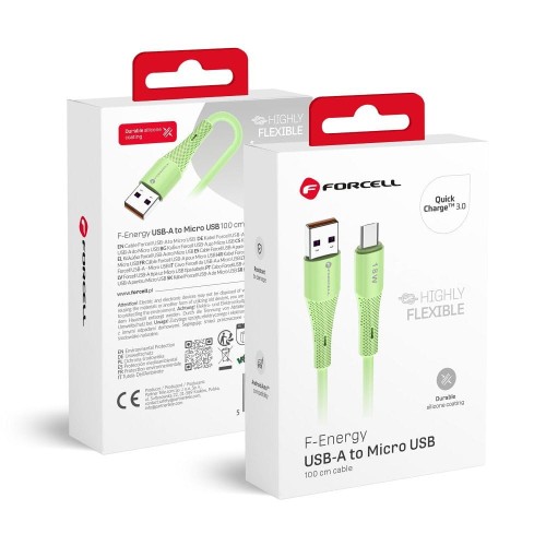 Aksamitnie elastyczny kabel USB-A do Micro USB Forcell F-Energy Silicone 18W QC 3.0 – 1 m – Zielony