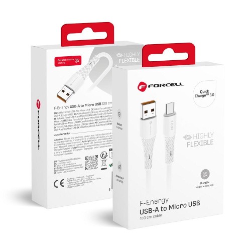 Aksamitnie elastyczny kabel USB-A do Micro USB Forcell F-Energy Silicone 18W QC 3.0 – 1 m – Biały