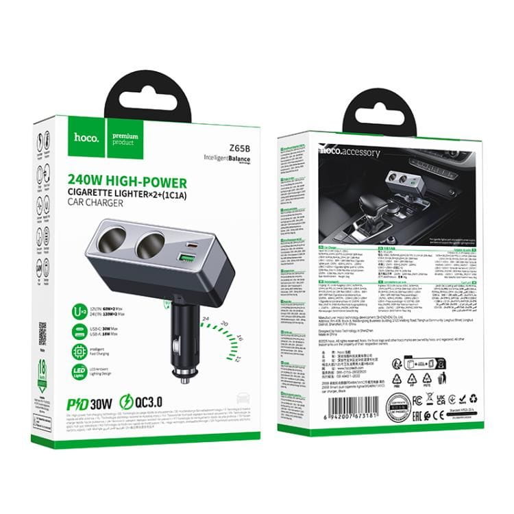Ładowarka Samochodowa Hoco Z65B 240W Rozdzielacz 2x Zapalniczka + USB-C PD + USB-A