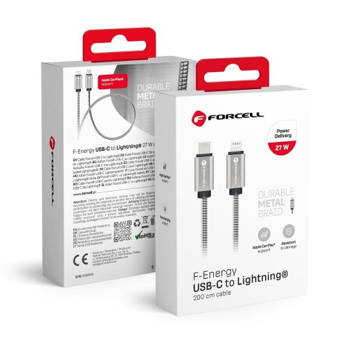 Pancerny kabel USB-C do Lightning Forcell F-Energy Metal 27W PD – 2 m – Srebrny