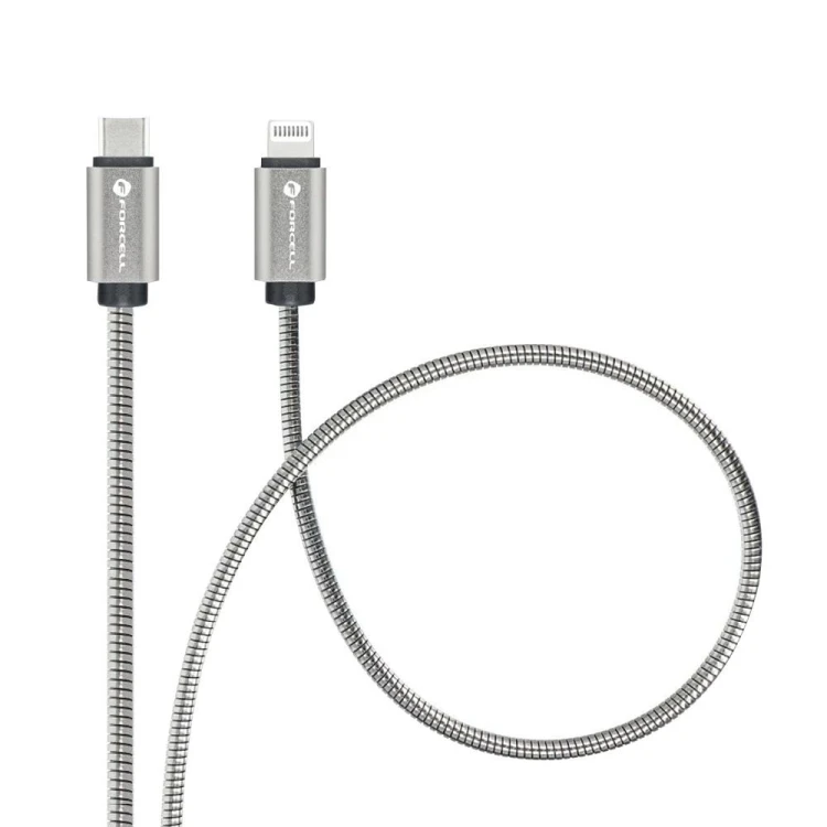 Pancerny kabel USB-C do Lightning Forcell F-Energy Metal 27W PD – 2 m – Srebrny