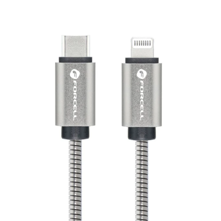 Pancerny kabel USB-C do Lightning Forcell F-Energy Metal 27W PD – 2 m – Srebrny