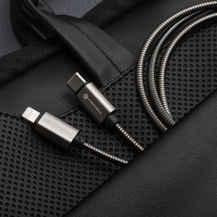 Pancerny kabel USB-C do Lightning Forcell F-Energy Metal 27W PD – 2 m – Srebrny